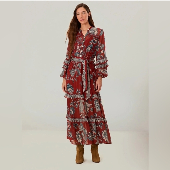 FARM Rio Dresses & Skirts - FARM Rio Tropical Landing Red Longsleeve Maxi Dress Medium Bohemian Resortwear